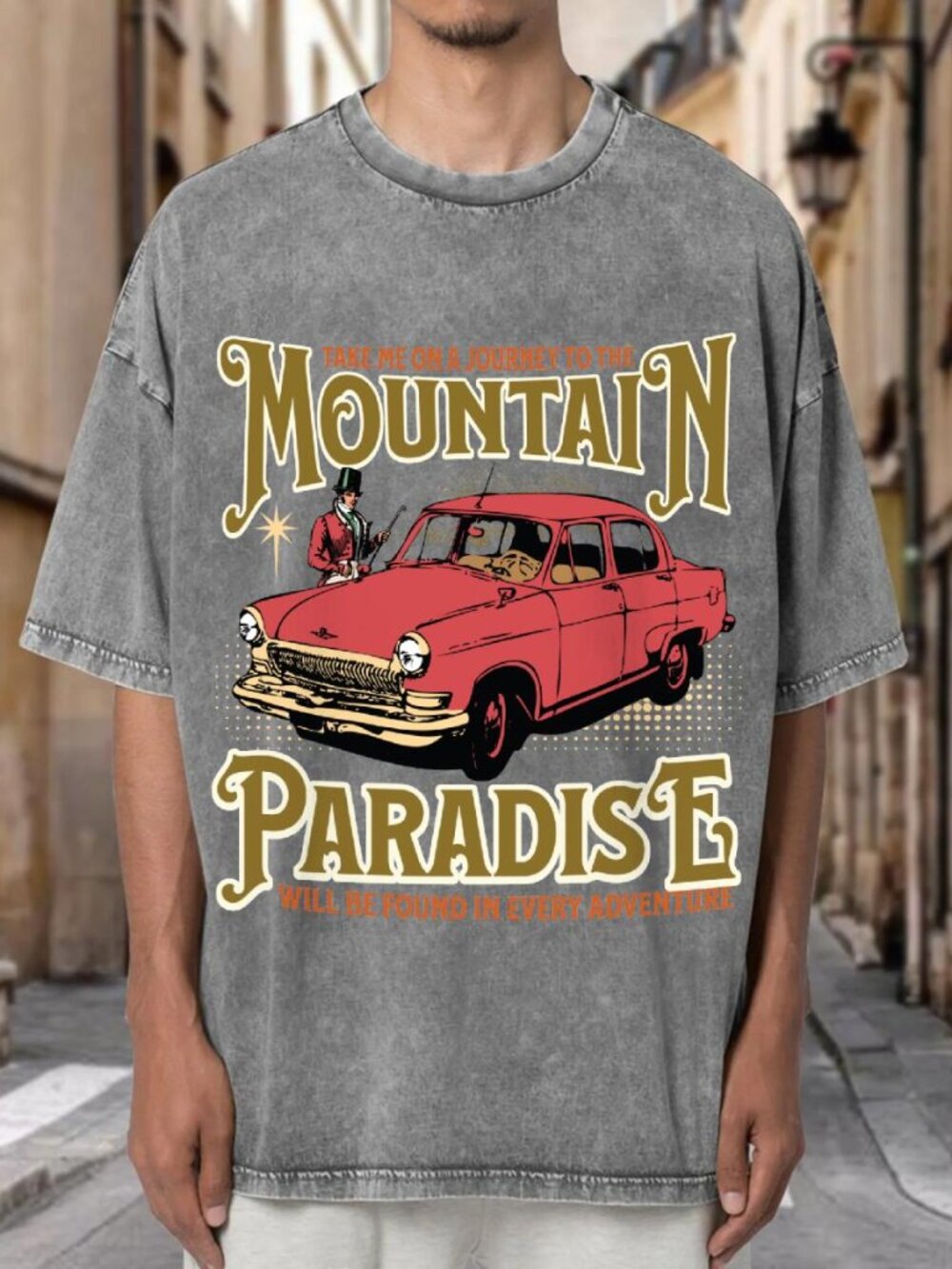 Mountain Paradise Vintage Red Classic Car Adventure  T-shirt HHN327BCH02